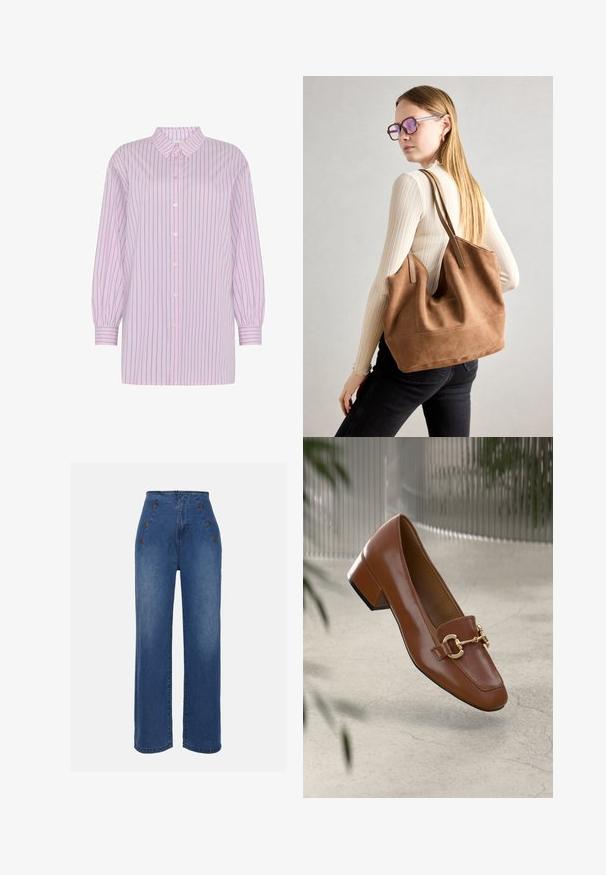 Moves NELLA - Nööpidega pluus - mauve mist; Keskmise sinise värviga kõrge vöökohaga teksad. Omavad esipoolsete nööbiefekte ja laia jala disaini. Kanga tekstuur on sile ja kerge kulumisega.; Pruunist lakknahast loafer, millel on ruudukujuline varvas, metallist ahel kaunistus ja madal plokkkonts; sile tekstuur, minimalistlik disain.; Pruunist suedi kott pehme tekstuuriga, suure ava ja pikkade rihmadega. Omab lihtsat disaini nähtava õmblusega ja ilma metalldetailideta.