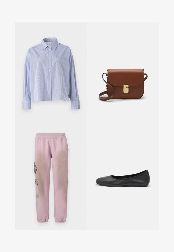 WEEKEND MaxMara Overhemdblouse - blu; Witte korte mouwen t-shirt van ribstof. Ronde halslijn, normale pasvorm en subtiele stiksels. Geen patronen of grafische elementen.; Roze sweatpants met een elastische tailleband, voorzien van decoratieve patches in ruitvorm aan de linkerkant en elastische boorden bij de enkel.; Zwarte leren ballerina met een ronde neus, gladde textuur, minimale stikdetails en een flexibele zoolontwerp.; Bruine leren handtas met een klep sluiting, gouden hardware, een schouderband en een gladde textuur. Compact rechthoekige vorm.