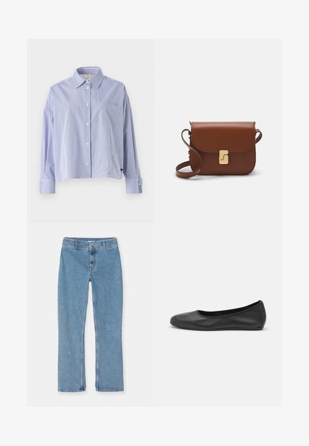 WEEKEND MaxMara Button-down blouse - blu; White short-sleeve t-shirt made of ribbed fabric. Round neckline, regular fit, and subtle stitching details. No patterns or graphics.; Light blue straight-leg denim jeans with button and zipper closure, belt loops, and standard stitching on a white background.; Black leather ballet flat with a rounded toe, smooth texture, minimal stitching detail, and a flexible sole design.; Brown leather handbag with a flap closure, gold-tone hardware, a shoulder strap, and a smooth texture. Compact rectangular shape.