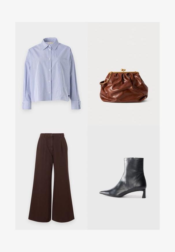 WEEKEND MaxMara - Bluzka; Brązowe spodnie z wysokim stanem i szerokimi nogawkami, z zapięciem na guzik i zamek błyskawiczny, szlufkami na pasek oraz plisami z przodu.; Czarne skórzane botki sięgające kostki z ostrym noskiem i eleganckim designem. Posiadają niski obcas oraz zamek błyskawiczny z tyłu. Gładka faktura.; Brązowa skórzana torebka typu kopertówka z złotą klapą i krótkim złotym łańcuszkiem, o miękkiej, marszczonej fakturze na białym tle.