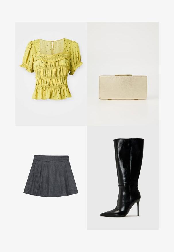 Dzeltena smockota blūze ar īsām pūkām, kvadrātveida dekoltē, ziedu rakstiem un viļņotu apakšmali. Izgatavota no viegla, teksturēta auduma.; Pelēka svītraina skrejceļa svārku kleita ar pieguļošu jostasvietu, izplūdušu A formu un mīkstu auduma faktūru. Vertikālās svītras piešķir vizuālu pievilcību.; Melnas ādas zābaki līdz ceļiem ar smailu purngali un augstu stiletto papēdi. Gluda tekstūra un elegants dizains, ar minimālu dekoru.; Zelta naudas maciņš ar gludu metālisku apdari, taisnstūra forma un vienkārša aizdare. Nav redzamu rakstu vai rotājumu.; Zelta krāsas metāla auss gredzeni ar gludu, apaļu trīsstūra formu un āķa aizmuguri; atstarojoša virsma ar minimālu apdari.