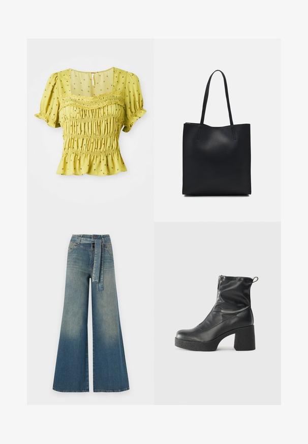 Sárga, puffos ujjú, ráncolt blúz, négyzetes nyakkivágással, virágmintázattal és fodros aljjal. Könnyű, texturált anyagból készült.; Bőszárú farmernadrág, világos és sötétkék árnyalatokkal, magas derekú, övgyűrűkkel és a nadrággal megegyező anyagú övvel. Textúrált farmer kivitel.; Fekete bokacsizmák sima bőrből, oldalsó cipzárral, vastag, texturált sarkú és lekerekített orrú dizájnnal.; Fekete bőrtáska sima felszínnel, téglalap alakú, két hosszú füllel. Nincs látható fémkiegészítő vagy díszítés.