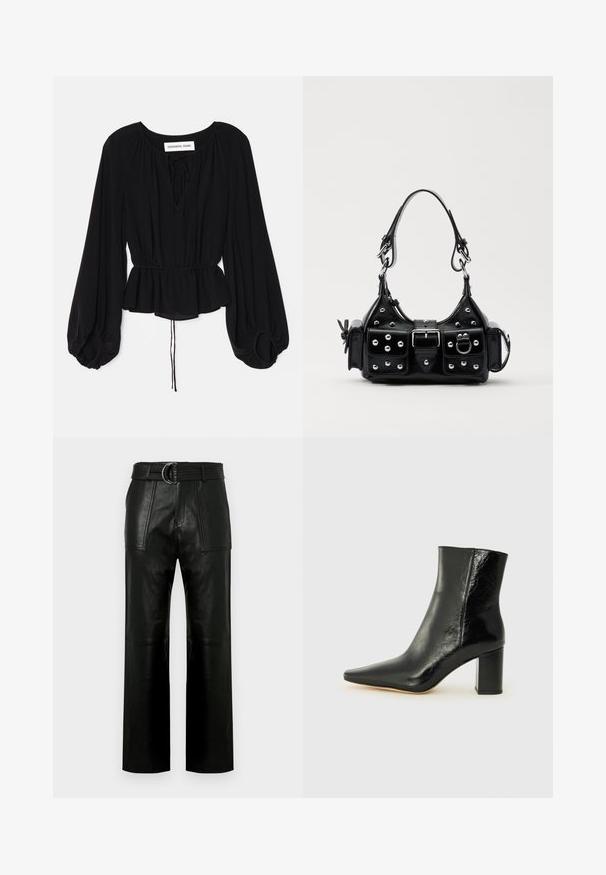 DESIGNERS REMIX PAYTON BLOUSE - Blūze - black; Augstās jostas melni ādas bikses ar plašām kājām, lielām priekšējām kabatām un atbilstošu jostu ar dubultā gredzena sprādzi.; Melna potīte, izgatavota no mirdzošas ādas, ar norādītu purngalu un masīlu kvadrāta papēdi. Iezīmes ir gluda tekstūra un minimālisma dizains.; Melnas ādas rokturmais ar izliekumu, ar sudraba iedurtiem, sprādzi un divām sānu kabatām. Regulējams siksniņas garums dažādām nēsāšanas iespējām.