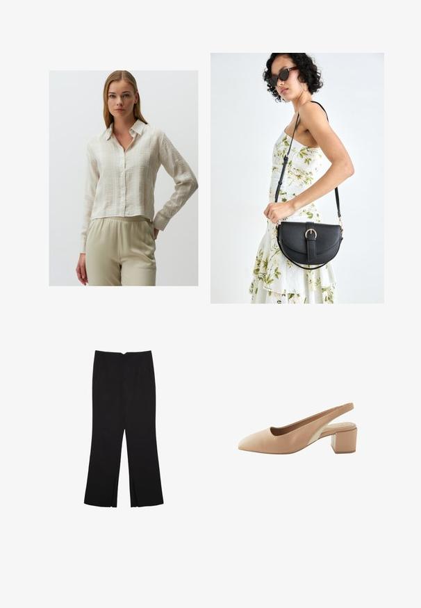 Jimmy Key - Bluzka; Czarne spodnie o prostym kroju, z przednimi kieszeniami i bocznymi rozcięciami na dole. Wykonane z miękkiego, gładkiego materiału. Odpowiednie na różne okazje.; Beżowe szpilki typu slingback z ostro zakończonym noskiem, wykonane z gładkiej skóry. Posiadają słupek oraz kontrastującą wstawkę po boku.; Czarna skórzana torebka o zakrzywionym kształcie, z odpinanym paskiem i złotymi akcentami. Torebka posiada klapę z zapięciem w kształcie klamry.