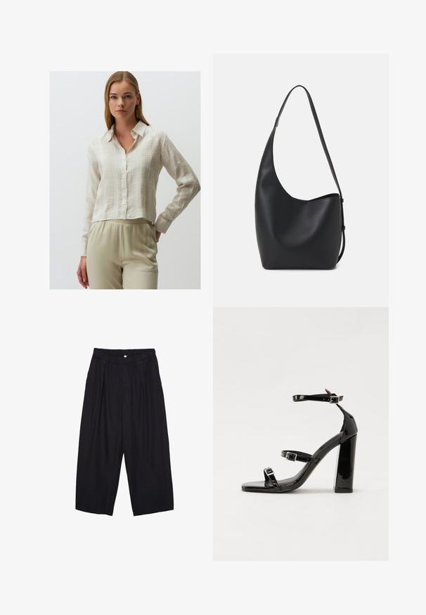 Jimmy Key LONG SLEEVE - Button-down blouse - beige; Black polyester culotte pants with an elastic waistband, two front pleats, and a loose silhouette. No visible patterns or hardware details.; Black patent heeled sandals with a square toe, ankle straps, and silver buckles. Features a chunky block heel for stability.; Black leather hobo bag with a smooth texture, curved shape, and single adjustable strap; features a wide opening at the top.