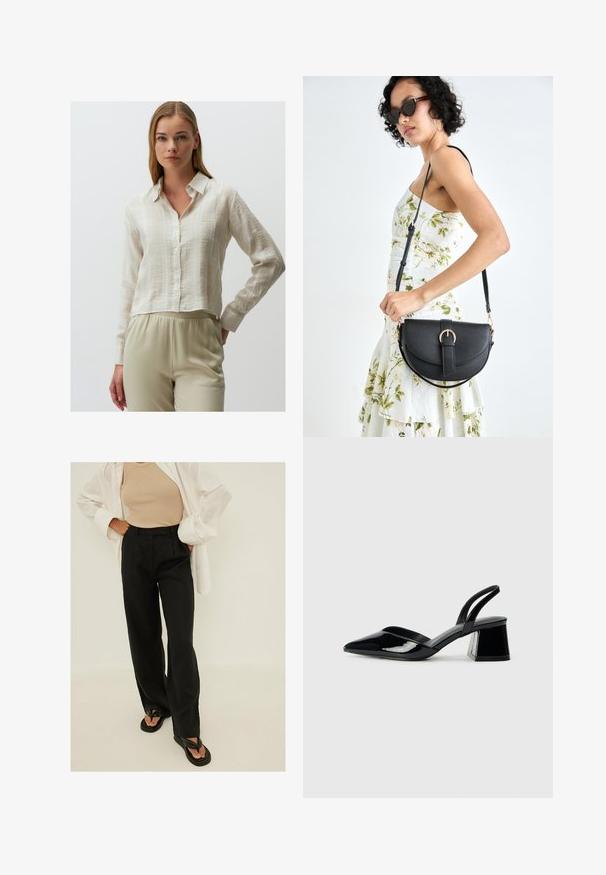 Jimmy Key LONG SLEEVE - Camicia - beige; Pantaloni neri a vita alta con gamba larga, realizzati in tessuto leggero, caratterizzati da pieghe frontali e una trama liscia. Abbinati a semplici flip-flop neri.; Décolleté in vernice nera con punta affusolata e tacco in geometria cubica. Presentano un design elegante e minimalista, con una texture liscia.; Borsa a tracolla nera in pelle con una forma curva, manico rimovibile e accessori dorati. La borsa presenta una patta con un dettaglio a fibbia.