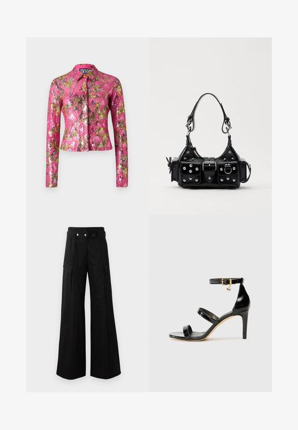 Kitsas roosa jakk pika varrukaga, kuldsete ja lillade sädelevate lillemustriga ning kraega. Kujundatud nööbiga esise closure'iga.; Mustad laiad püksid kõrge vöökohtaga, suured küljetaskud, kaks esimest nööpi ja silmuse detailiga. Valmistatud tugevast kangast.; Must musta nahk sandaal kolme rihmaga, pahkluu vööga ja 4-tollise stilettakontsaga. Omab kuldset detaili ja logovõtit.; Must värvi nahast käekott, millel on kaarjas disain, hõbedased nupukesed, kinnitusahe ja kaks külgtaskut. Reguleeritav rihm erinevate kandmisvõimaluste jaoks.