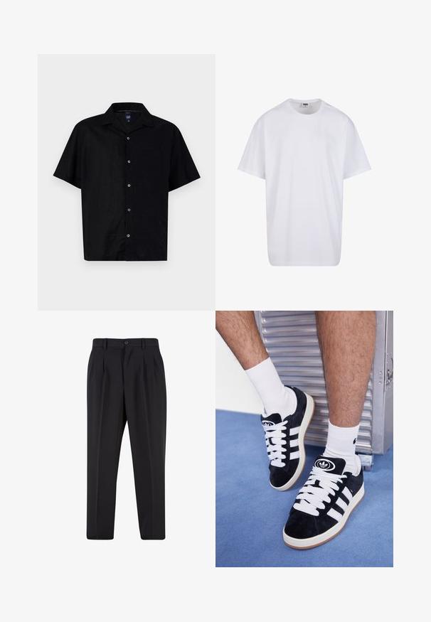 Schwarzes Kurzarmhemd aus glattem Stoff, mit Knopfleiste, einer einzelnen Brusttasche und klassischem Kragen.; Weiße Baumwoll-T-Shirt mit kurzen Ärmeln, rundem Ausschnitt, lockerer Passform und ohne sichtbare Logos oder Muster. Glatte Textur und minimalistisches Design.; Schwarze Hose mit plissiertem Vorderdesign, aus glattem Stoff gefertigt. Mit Knopfverschluss und Gürtelschlaufen; gerade Passform.; Schwarze Wildledersneaker mit weißen Schnürsenkeln und drei weißen Streifen. Verfügt über ein kreisförmiges schwarzes Logo auf der Zunge und eine Gummisohle.