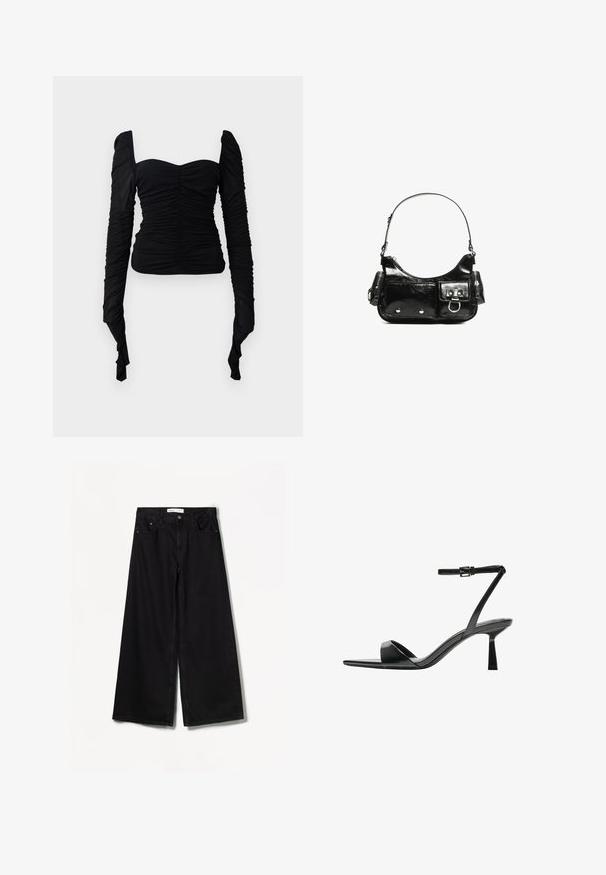 Schwarzes, langärmeliges Oberteil mit rüschenartiger Textur, schulterfreiem Design und figurbetonter Silhouette. Das Material wirkt dehnbar und glatt.; Bershka WIDE-LEG - Wide Leg - black; Bershka High Heel Sandalette - black; Schwarze Lackleder-Handtasche mit geschwungenem Design, einem Schulterriemen, Vordertaschen und silberfarbenen Hardware-Akzenten.