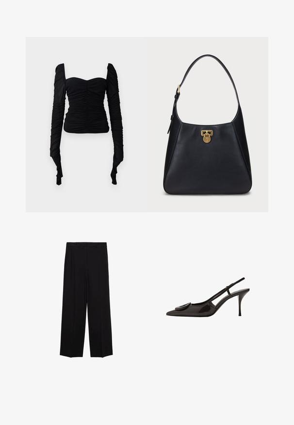 Top negru cu mâneci lungi, cu textură încrețită, design off-shoulder și siluetă ajustată. Materialul pare elastic și neted.; Pantaloni negri cu croială largă dintr-un material neted, cu pliseuri în față și buzunare laterale, concepuți cu o croială dreaptă și relaxată.; Sandală din piele patent neagră, cu vârf ascuțit, design minimalist, accent circular mic pe brant și toc subțire.; Geantă de umăr din piele neagră, cu un design curvature, având un închizător din aur și o curea rotundă. Textură netedă, cu accente minime.