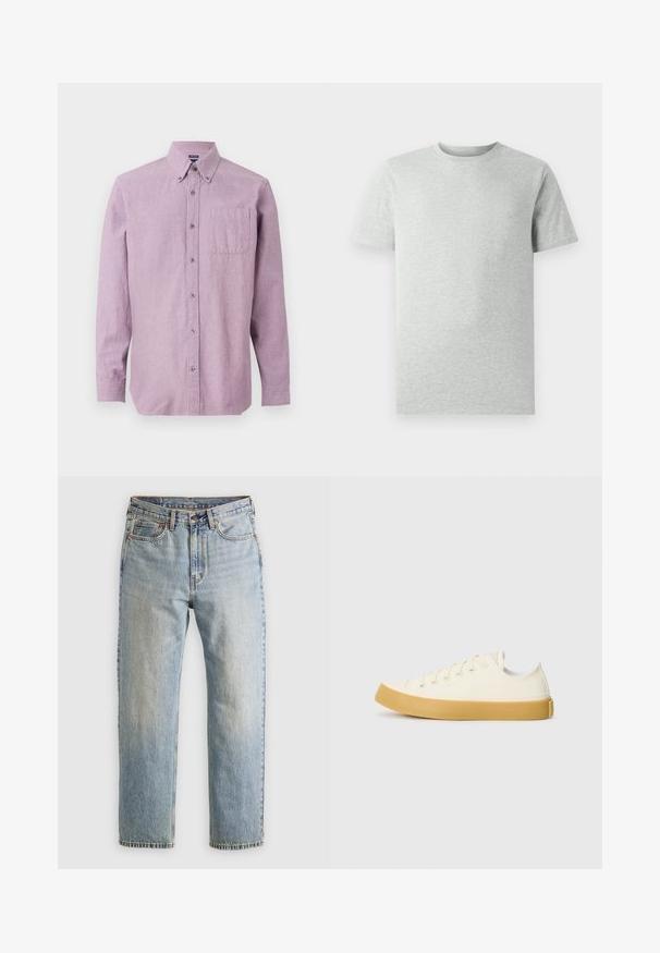 Lavandasta dolgo rokavov srajca z gumbi in ovratnikom s pritisnimi gumbi ter žepom na prsih, prikazana na beli podlagi.; Enostavna svetlosiva kratka majica s kratkimi rokavi in krožnim ovratnikom, prikazana na belem ozadju, sprednji pogled brez vidnih logotipov ali vzorcev.; Svetlo modri džins hlače z visokim pasom, sprednjim gumbom, zadrgo in petimi žepi, laid flat na nevtralni podlagi.; Platnene superge v off-white barvi z okroglim nosom, z bež gumijastimi podplati in petimi odprtinami za vezalke, z zrnato površino na zgornjem delu.