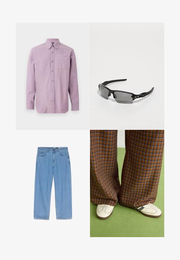 Camisa de manga larga color lavanda con cuello de botón y un bolsillo en el pecho, presentada sobre un fondo blanco.; Vaqueros de denim azul claro con corte recto, que cuentan con un bolsillo frontal, cinturilla con pasadores para cinturón y cierre de un solo botón.; Pantalones de pata de elefante de cuadros marrones y azules combinados con zapatos blancos con detalles en negro y suelas texturizadas, sobre un fondo verde.; Gafas de sol deportivas negras con lentes grises, diseño de marco curvado y detalle del logotipo en el lateral. Fabricadas en un material plástico ligero.