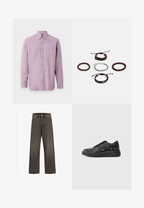Lavendel langermet skjorte med knapper og krage, samt en brystlomme, vist mot en hvit bakgrunn.; Videbukser i mørkegrå denim, med høj talje, klassisk fem-lomme design og kontrasterende syninger langs sømmene.; Sorte lærersneakers med en glat finish, rund tå og kontrasterende sort gummisål. Der er flade snørebånd og branding på siden.; Sett med fem armbånd som inkluderer brunt lær, treperler og en sølvkjede; ulike teksturer og former, med justerbare lukkinger.
