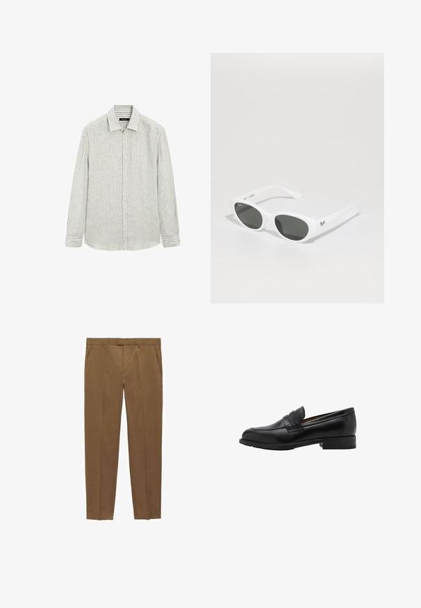 Chemise rayée à boutons en gris clair et blanc, faite d'un mélange de coton et de lin. Elle possède un col classique et des manches longues avec des poignets à boutons.; Pantalon marron ajusté en tissu lisse, avec un devant plat, des jambes droites, des passants de ceinture et des poches latérales.; Mocassins en cuir noir avec un devant cousu et un talon plat. Texture lisse avec un bout arrondi et une sangle décorative sur le cou-de-pied.; Lunettes de soleil blanches avec des montures arrondies et des verres foncés. Possède une texture en plastique lisse et un petit logo sur la branche.