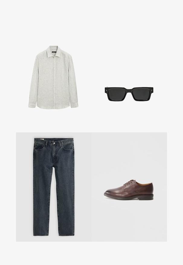 Koszulka w paski, zapinana na guziki, w jasnoszarym i białym kolorze, wykonana z blendu bawełny i lnu. Posiada klasyczny kołnierzy, długie rękawy z guzikami przy mankietach.; Ciemnoniebieskie dżinsy o prostym kroju nogawki, pięcioma kieszeniami i zapięciem na guzik. Materiał ma subtelne przetarcia i fakturę.; Brązowe skórzane buty męskie do garnituru z wzorowanym wykończeniem i słupkowym obcasem na białym tle.; Czarne prostokątne okulary przeciwsłoneczne z ciemnymi soczewkami, błyszcząca plastikowa oprawka i małe akcenty z logo na zausznikach. Płaski profil i ostre krawędzie.; Casio UNISEX czarny