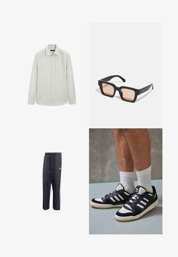 Pruhovaná košile na knoflíky v světlé šedé a bílé barvě, vyrobená z kombinace bavlny a lnu. Má klasický límec a dlouhé rukávy s knoflíkovými manžetami.; Černé sportovní kalhoty s leopardím vzorem, obsahující bílý design se třemi pruhy a logo sportovní značky na boku.; Černobílé tenisky s vrchní částí z semišové a kožené kůže, včetně tří bílých pruhů, perforovaného špičky a podrážky z gumy.; Černé plastové sluneční brýle s obdélníkovými rámečky a světle růžovými skly. Na straně obsahují logo.