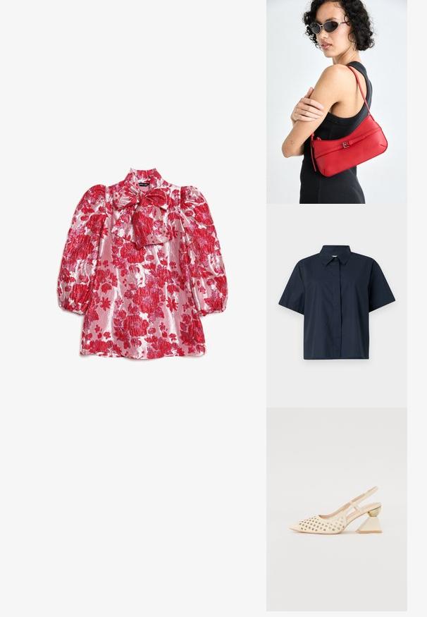 Mörkblå kortärmad skjorta i bomull med klassisk krage och rak passform. Har en framknäppning utan synliga knappar.; Röd blus med puffärm, hög krage och rosettdetalj. Tillverkad av glänsande tyg med ett mönster av stora blommor på en rosa bakgrund.; Beige slingback-sko med perforerat ovansidan, spetsig tå, och en kontrasterande triangulär klack med en guldaccent. Slät textur överlag.; Röd läderaxelväska med en slät yta, böjd design och en dekorativ spänneaccent. Justerbar rem och dragkedjestängning.