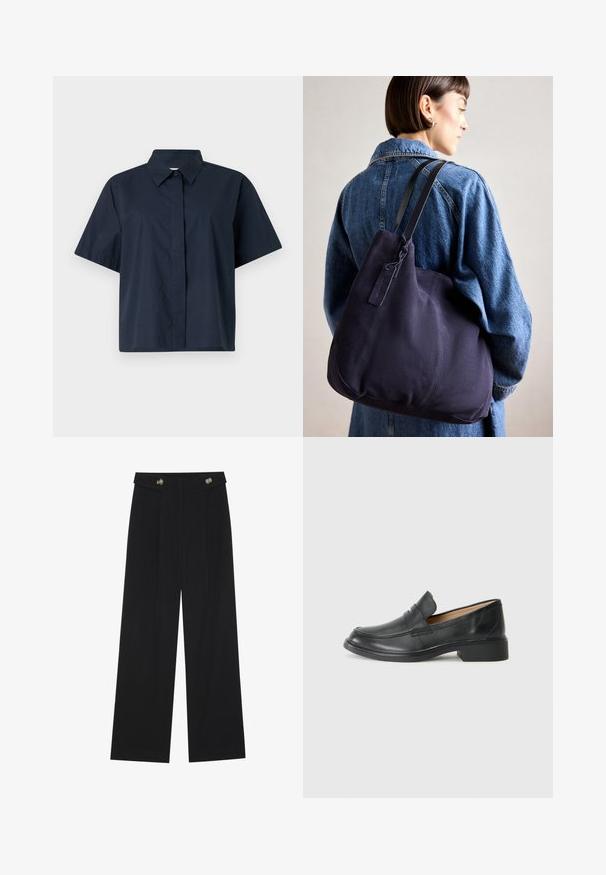 Tamsiai mėlyna medvilninė marškinė su trumpomis rankovėmis, klasikinio atviro apykaklės ir tiesaus kirpimo. Priekyje yra plokštelė be matomų mygtukų.; Juodi plačios kojos kelnės su aukštu liemeniu, sagų detalėmis ant liemens ir priekinėmis raukšlėmis.; Juodos odinės mokasinai su žemu kulnu, su siuvinėtu dizainu ir be užsegimo stiliumi, išdėstyti ant vientiso balto fono.; Tamsiai mėlynas drobės petinis krepšys su minkšta, struktūruota forma, pasižymintis juodu diržu, siuvinėtomis detalėmis ir mažyčiu prekės ženklo žymekliu.