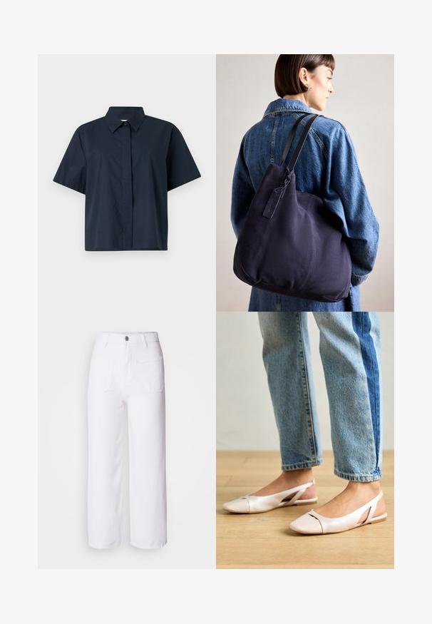 Camicetta blu navy a maniche corte in cotone con colletto classico a bottoni e taglio dritto. Caratterizzata da una pattina anteriore senza bottoni visibili.; Pantaloni wide-leg in denim bianco con chiusura a bottone, passanti per cintura, due tasche anteriori e una tasca posteriore. Tessuto resistente e dalla texture particolare.; Ballerine slingback rosa pallido con punta affusolata, realizzate in un materiale simile alla pelle liscio. Presentano dettagli a taglio sui lati e un tacco piatto.; Borsa a spalla in tela blu navy con una forma morbida e strutturata, dotata di una tracolla nera, dettagli cuciti e una piccola etichetta del marchio.