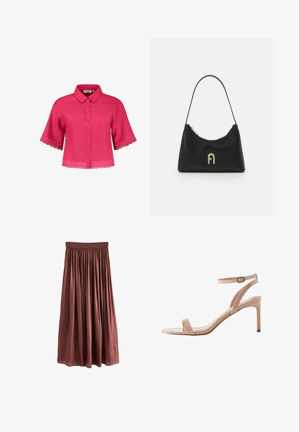Krótka różowa bluzka z kołnierzykiem, zapinana na guziki, z falbaniastym koronkowym wykończeniem na rękawach i u dołu. Wykonana z lekkiego materiału.; Brąskowa spódnica do kolan wykonana z lekkiego materiału o fakturowanym wykończeniu. Posiada elastyczny pas i zgromadzone fałdy w całej długości.; Next - Sandały; Czarna torba na ramię wykonana z gładkiego materiału, o zaokrąglonym kształcie, z jednym paskiem oraz złotym logo na przedniej stronie.