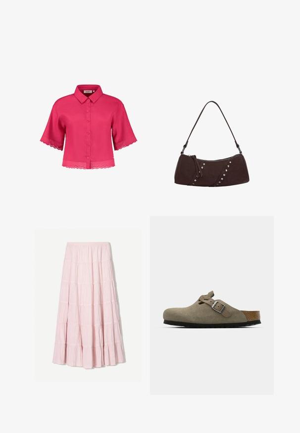 Kratka roza bluzica s ovratnikom, z gumbom spredaj in valovitim čipkastim zaključkom na rokavih in robu. Narejena iz lahkotnega materiala.; Svetlo roza, večerna krila s sloji iz teksturirane, lahke tkanine. Elastika v pasu in padajoči rob z nabrano obrobo.; Semišni klobuki v svetlo olivno zeleni barvi z oblikovanim plutovim in gumijastim podplatom. Vključuje stransko zanko z kovinsko zaponko in zaobljenim nosom.; Rjava sintetična usnjena torbica s ukrivljeno obliko, zadrgo in dekorativnimi srebrnimi žebljički ob eni strani. Ima kratko naramnico.