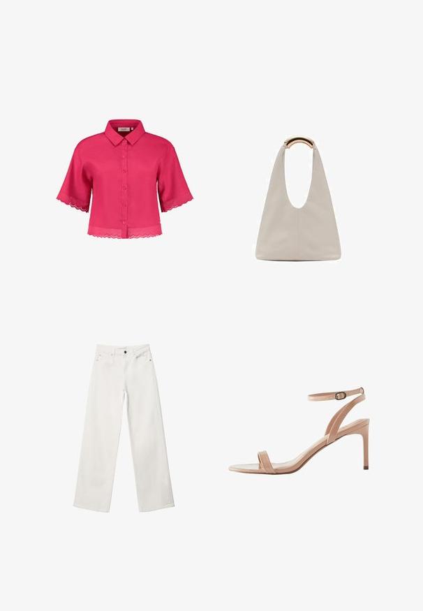 Maglietta corta rosa con colletto, chiusura frontale con bottoni e bordo in pizzo smerlato su maniche e orlo. Realizzata in tessuto leggero.; Jeans bianchi a gamba larga in denim, caratterizzati da un'alta vita, design a cinque tasche e chiusura con bottone metallico. Tessuto liscio, senza fantasie.; Next FOREVER COMFORT SIMPLE - Sandali - nude; Borsa in pelle grigio chiaro con design a forma di U e manico metallico curvo. Texture liscia con cuciture minime e senza motivi visibili.