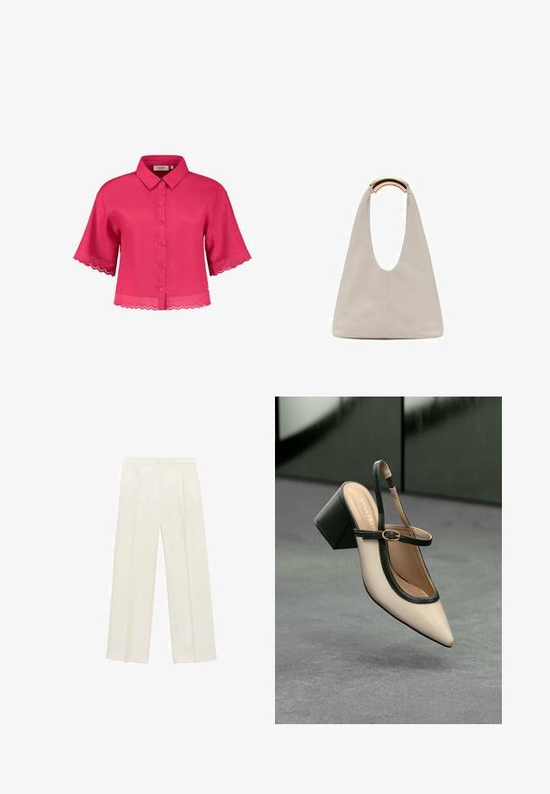 Kratka roza bluzica s ovratnikom, z gumbom spredaj in valovitim čipkastim zaključkom na rokavih in robu. Narejena iz lahkotnega materiala.; Hlače širokih nogavic v svetli kremni barvi. Narejene iz gladkega materiala s plitkimi naborki spredaj in stranskimi žepi.; Bež visoka petka z odprtim zadnjim delom, koničastim sprednjim delom, črnim robom in zaponko. Gladek material z mat zaključkom, srednje debela petka.; Svetlo siva usnjena torba z U-oblika zasnovo in ukrivljenim kovinskim ročajem. Gladka tekstura z minimalnim šivom in brez vidnih vzorcev.