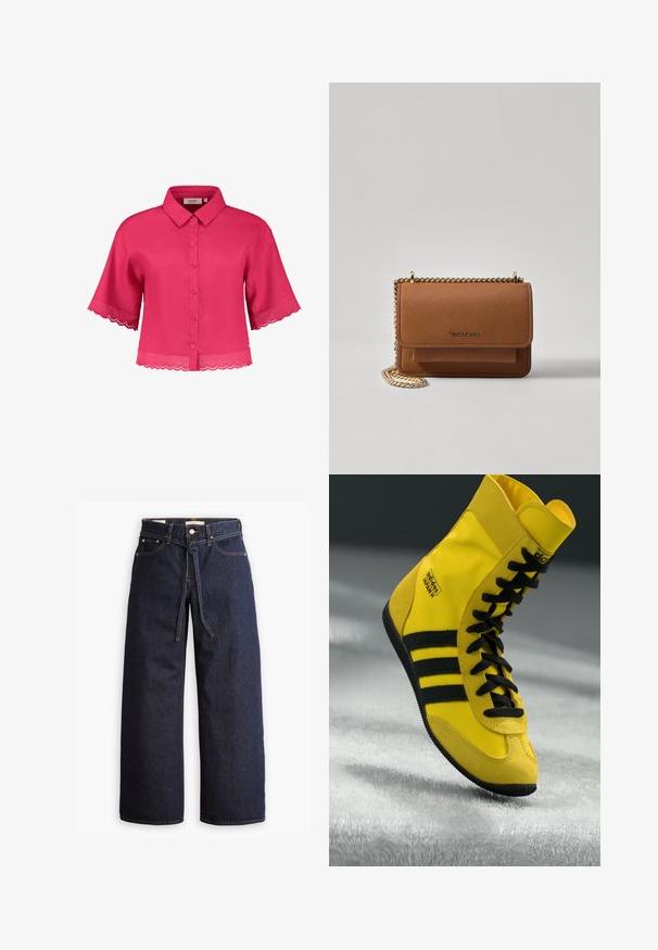 Korte roze blouse met een kraag, knopen aan de voorkant en gegolfde kantafwerking op de mouwen en onderkant. Gemaakt van lichtgewicht stof.; Wijd pijpjes donkerblauwe denim jeans met een hoge taille, voorzien van een trekkoord, vijf zakken en contrasterende stiksels.; Hoge sneakers van gele synthetische materialen, met zwarte veters, drie zwarte strepen en branding op de zijkant. Gekreukt rubberen zool.; Bruine lederen schoudertas met textuur, voorzien van een gouden kettingstrap en klepsluiting. De voorkant heeft een logo-detail en een zak onder de klep.