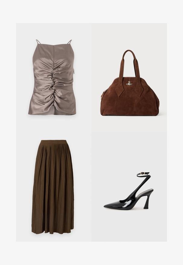 Hladký taupe top s nastaviteľnými ramienkami, ktorý má riasenie na prednej strane a bočný zips, hladkú textúru a priliehavý strih.; Hnedá maxi sukňa s plisovaním a širokým elastickým pásom, vyrobená z textúrovanej látky, ktorá má vertikálne záhyby pre pridanie detailu a plynulosť.; Čierne lakované kožené lodičky na podpätku s špicatou špičkou, nastaviteľným popruhom okolo členka a stredne vysokým blokovým podpätkom. Hladký povrch s lesklým finišom.; Hnedá semišová kabelka so štruktúrovaným tvarom, zaobleným telom a predĺženými rukoväťami v tvare diamantov. Obsahuje uzatváranie so striebornou hardvérovou sponou.