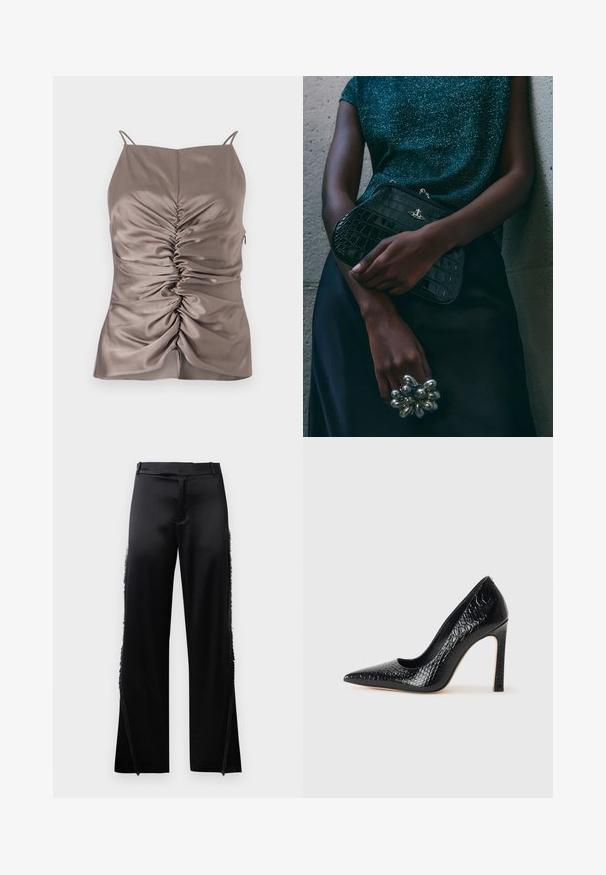 Selymes taupe színű hálóing állítható pántokkal, elől redőzött és oldalt zipzárral ellátott, sima textúrával és testhezálló sziluettel.; Fekete selyem nadrág, széles szárakkal, oldalsó varrásain frufru részletekkel és lapos elülső derékrészes. Egyszerű hátul zsebek nélkül.; Fekete hegyes orrú magassarkú cipő krokodilbőr textúrával, letisztult dizájnnal, magas tűsarkú és sima fekete belső résszel.; Fekete krokodilbőr mintázatú válltáska ezüst hardware-rel, egy texturált szürke háttér előtt tartva. Fényes felülettel rendelkezik.