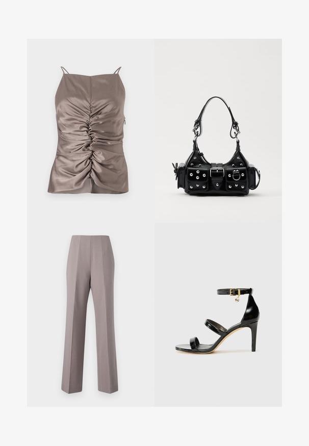 Svilen taupe top s podesivim trakama, s prednjim nabranjem i bočnim zatvaračem, glatke teksture i uklopljenog silueta.; Sive krojene hlače s visokim strukom, širokim nogavicama i oštrim prednjim nabora. Izrađene od glatkog materijala, s čistim rubovima i bez vidljivih dodataka.; Crne lakirane kožne sandale s tri trake, kopčom na zapešću i potpeticom od 10 cm. Sadrže zlatne detalje i privjesak s logotipom.; Crna kožna torba s zakrivljenim dizajnom, koja sadrži srebrne zakovice, kopču i dva bočna džepa. Podesiva traka za različite opcije nošenja.