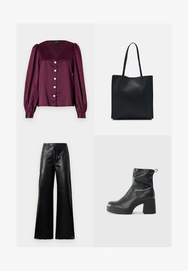 Burgundy blouse with a V-neck, puffed long sleeves, and decorative flower-shaped buttons along the front. Smooth, shiny fabric.; Black high-waist wide-leg faux leather pants with front button, zip closure, belt loops, and side pockets on white background.; Black ankle boots made of smooth leather, featuring a side zipper, chunky textured heel, and rounded toe design.; Black leather tote bag with smooth texture, rectangular shape, and two long handles. No visible hardware or embellishments.