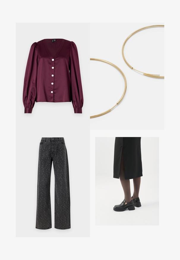 Bordo bluzonė su V formos iškirpte, pūstomis ilgomis rankovėmis ir dekoratyviniais gėlės formos mygtukais priekyje. Lygi, blizganti medžiaga.; Noisy May NMJANNEL LOOSE - Laisvo kirpimo džinsai - black denim; Juodos odinės bateliai su apvaliu nosiu, stora blokine pakulne ir elastingais šonais, derinami su tamsiomis pėdkelnėmis ir juoda sijonu su plyšiu.; Aukso spalvos žiedo auskarai, ploni ir apvalūs, su lygiu metaliniu paviršiumi be papuošimų ar raštų.