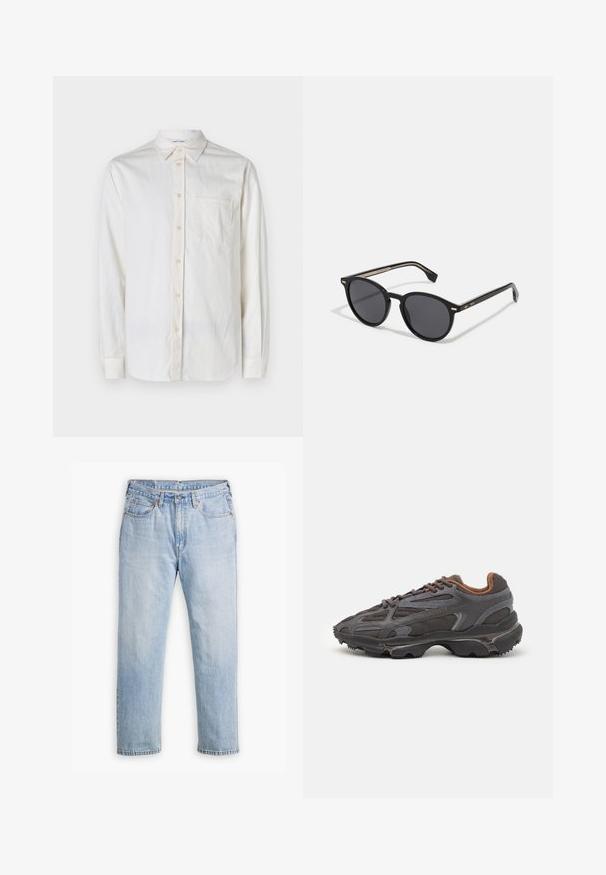 Pikad varrukad, valgest tekstuuriga kangast särk, millel on nööpidega krae, esikott ja nööbid keerme ning mansettide juures.; Heledad hall sinised teksad sirge sääre disainiga, viie taskuga stiil ja kontrastne õmblus. Kõhukohal nööp ja lukk.; Tumed hallid Lacoste tossud, mis on valmistatud võrkkangast ja sünteetilisest materjalist, omavad tekstureeritud talla ning pruune aktsente kaeluse ja brändingu juures.; BOSS Päikeseprillid - black