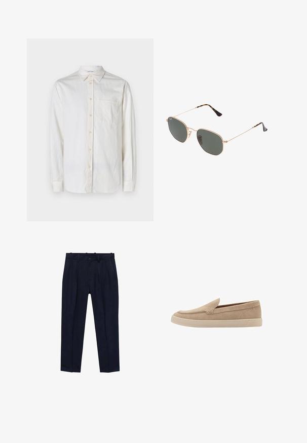 Camicia bianca a maniche lunghe realizzata in tessuto testurizzato, con colletto a punta, taschino frontale e chiusure a bottone lungo la patta e sui polsini.; Pantaloni navy realizzati in tessuto liscio, con un fit leggermente sagomato, pieghe frontali, passanti per cintura e chiusura a un bottone.; Scarpa slip-on in suede beige con punta arrotondata e dettagli cuciti. Suola in gomma chiara con design a profilo basso.; Occhiali da sole con montatura in metallo dorato e lenti verde scuro, stile aviator, con aste sottili e dettagli in tartaruga sulle punte.