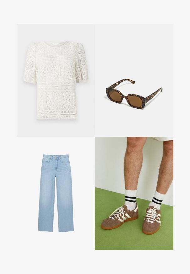 Hvid kortærmet top lavet af blonde med blomster mønstre, med en rund halsudskæring og et struktureret, hulmønster design gennem hele toppen.; Lysblå brede jeans lavet af denim, med høj talje, lige snit og fem-lomme design med en ren kant.; Brune ruskind sneakers med hvide detaljer og snørebånd. Gummisål i naturgummi. Båret med hvide sokker med sorte striber. Grøn struktureret gulv.; Skildpadde-solbriller med en rund, kraftig ramme og brune linser. Har subtile mønstre og lige, afsmalnende stænger.; Zign LEATHER - Shopping bags - light brown