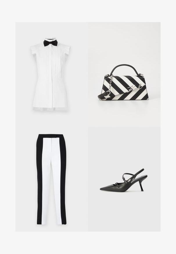 Hvid skjorte med plisseret front, korte ærmer og sort butterflykrave. Har en knaplukning og en glat tekstur.;  Sorte og hvide tapered bukser med en slim fit og kontrasterende paneler. Stoffet har en glat tekstur; taljebåndet er fladt og tætsiddende.; Sorte læder slingback hæle med spids tå, slank hæl og dekorativ spænde detalje på vampen. Glat tekstur og strømlinet design.; Sort-hvid stribet håndtaske med en struktureret form, der har et håndtag på toppen, en aftagelig kædestrop og et metallisk logo som accent.