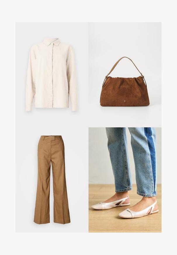 Heled beezlint värvi linane särk, millel on nööpidega esiosa, terav krae ja pikad varrukad. Kangas on tekstureeritud ja veidi kortsulisena näiv.; Pruunid laiad püksid, mis on valmistatud kerge kangast. Omavad tasast esiosa, vöökohtade keerutusi ning kohandatud siluetti, millel on pahkluu pikkus.; Kahvatu roosa slingback lapikute jalatsite paar, millel on terav varvas, valmistatud siledast nahataolisest materjalist. Omab külgedel lõikekohti ja lapikut kontsa.; Pruun nubukist käekott, millel on kokku tõmmatud disain, ühesaanvärvilise naha rihmaga ja esiküljel peen kuldne logo detail.