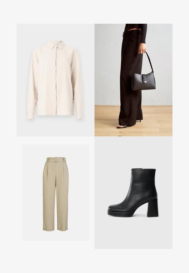Helles beiges Leinenhemd mit Knopfleiste, spitzem Kragen und langen Ärmeln. Der Stoff hat eine strukturierte, leicht zerknitterte Optik.; Beige, hoch taillierte Hose mit weitem Bein, mit Falten, einem passenden Gürtel mit rechteckiger Schnalle und umgeschlagenen Säumen.; Schwarze Leder-Stiefelette mit Blockabsatz und Plattformsohle, seitlich auf einem schlichten weißen Hintergrund betrachtet.; Schwarze Handtasche mit strukturierter Form, glatter Textur und einem metallischen Verschluss. Kombiniert mit weiten schwarzen Hosen und offenen Sandalen auf einem Holzboden.