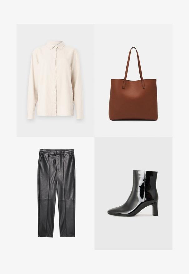 Heled beezlint värvi linane särk, millel on nööpidega esiosa, terav krae ja pikad varrukad. Kangas on tekstureeritud ja veidi kortsulisena näiv.; Mustad nahkpüksid sileda tekstuuriga, sirge lõikega, kahe eesmine taskuga ja nähtavate õmblusteta.; Must-sinine nahkjalats musta läikiva viimistlusega, millel on terav nina ja keskmise kõrgusega plokk konts. Sile tekstuur ja minimalistik disain.; Pruun nahast tote-kott, millel on sile tekstuur, avatud ülaosa disain ja kaks õlarihma. Omab minimaalset õmblust ja nähtavat riistvara ei ole.