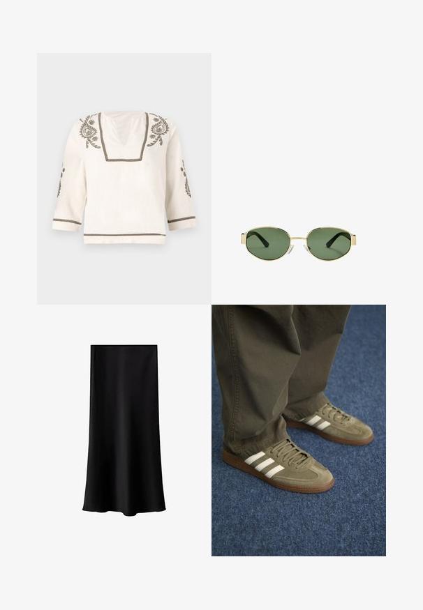 Linen bluza v off-white barvi, z natančno olivno vezenino ob ovratniku in rokavih, s tremi četrtinami dolžine rokavov in kvadratnim robom.; Črna midi krila iz gladkega, lahkega materiala. Ima ravno rez, brez vidnih dodatkov in preprost dizajn brez vzorcev.; Zelene velur tene z belimi črtami, rjavo gumijasto podplatom in teksturiranimi vezalkami, kombinirane z olivno zelenimi hlačami na modrem preprogo.; Očala z zlatim kovinskim okvirjem, zelenimi lečami, ovalne oblike, črnimi uhani in prozornimi nosnimi blazinicami. Čist, minimalističen dizajn.