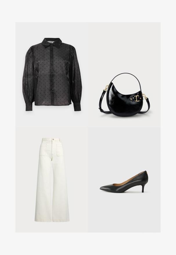 Juoda permatoma bluzelė su mažomis širdelių raštais, ilgomis pūstomis rankovėmis, mygtukų užsegimu priekyje ir klasikiniu apykakle.; Plati kojinės džinsai of white denimo. Aukštas liemuo, su mygtuko uždarymu, dviem priekinėmis kišenėmis ir kontrastingai siuvinėjimu.; Juodos odinės aukštakulnės bateliai su smailiu nosiu, žemu kulnu ir lygiu paviršiumi. Priekyje yra nedidelis atvirumas, o gale minimalus apdaila.; Juodas patentuotas odinis rankinukas su išlenkta forma, reguliuojamu diržu ir auksinių tonų detale šone. Lygus, blizgus paviršius.