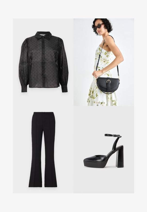 Black sheer blouse with small heart patterns, long puffed sleeves, button-down front, and a classic collar.; Black flared pants made of smooth fabric, featuring a fitted waist, front seam details, and a slight flare starting from the knee.; Black platform heels with a pointed toe and adjustable ankle strap. Constructed from smooth leather, featuring a chunky block heel.; Black leather handbag with a curved shape, detachable strap, and gold hardware. The bag features a flap with a buckle detail.