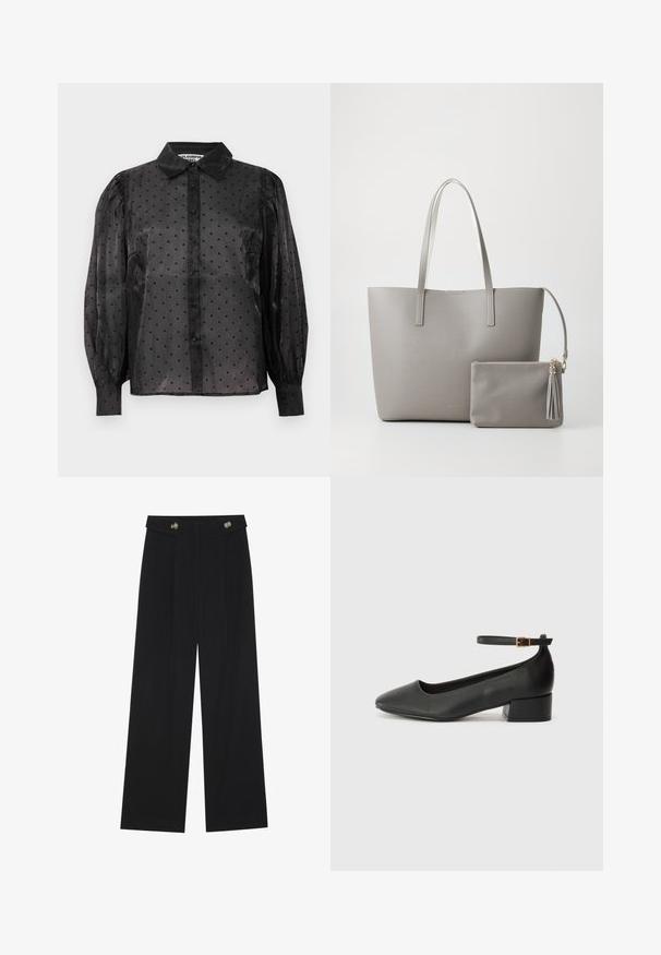 Čierna priesvitná blúzka s malými vzormi srdca, dlhými nariasenými rukávmi, zapínaním na gombíky vpredu a klasickým golierom.; Čierne široké nohavice s vysokým pásom, so zapínaním na gombíky na páse a prednými sklady.; Čierne kožené lodičky s špicatou špičkou a nízkym blokovým podpätkom. Obsahuje remienok okolo členka so zlatým prackou. Hladký povrch.; Šedá syntetická taška so vstavanými dlhými uchami a zodpovedajúcou malou zipsovou taštičkou s strapcom. Hladký povrch so jemným vzorom.