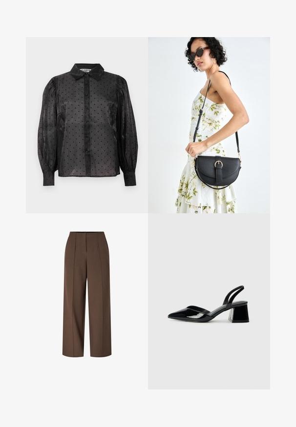 Melnā caurspīdīgā blūze ar maziem sirds rakstiem, garām pūtīgām piedurknēm, pogu aizdari priekšā un klasisku apkakli.; Brūnas augstas jostas platajiem biksēm ar priekšējām krokām un slēptu priekšējo rāvējslēdzēju.; Melna lakota āda ar atvērto papēdi, ar smailu purngalu un ģeometrisku blokpapēdi. Iezīmējas elegants, minimāls dizains un gluda tekstūra.; Melnas ādas rokassoma ar izliekta formu, noņemamu siksnu un zelta aksesuāriem. Somai ir vāciņš ar sprādzes detaļu.