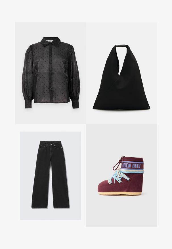 Schwarz durchsichtige Bluse mit kleinen Herzmustern, langen puff-Ärmeln, Knopfleiste und klassischem Kragen.; Schwarze Denim-Jeans mit weitem Bein, tailliertem Bund, strapazierfähigem Stoff, frontalen Taschen und Details aus goldfarbenem Metall.; Bordeauxfarbene Wildleder-Moon Boots mit hellblauen und cremefarbenen Schnürsenkeln, die um den Knöchel gewickelt sind, blauer Logo-Band und beiger Sohle auf weißem Hintergrund.; Schwarze Stofftragetasche mit einem einzigartigen V-förmigen Design und glatter Textur. Verfügt über einen kurzen Griff mit minimalistischem Hardware-Detail.