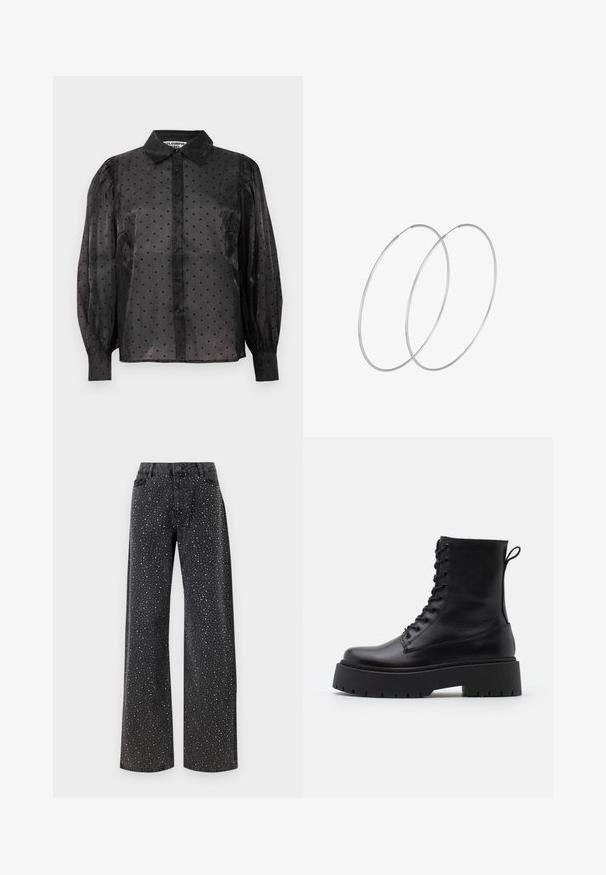 Must mustris mustriga roosa blouse, millel on väikesed südame mustrid, pikad puhv (puhv) varrukad, nööbiga ees ja klassikaline krae.; Noisy May NMJANNEL LOOSE - Avar lõikega teksad - black denim; Mustad mustad nahast pahkluu saapad ümarate varvastega, nööridega esiosas ja paksu kummist talla ning tekstuuritud mustriga. Tagumine tõmbeaas.; Hõbedased rõngastikkaehingad minimalistlikus disainis. Ümar kuju, sile tekstuur ja õhuke profiil. Kerged ning poleeritud viimistlusega.