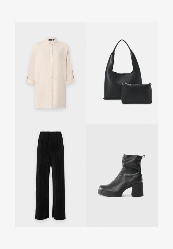 Camisa bege clara de botão, com colarinho, mangas dobráveis e textura suave. Apresenta um corte reto e fecho frontal de botões.; Calças pregueadas pretas com uma cintura elástica. Apresentam pernas largas e um tecido liso, texturizado com riscas verticais.; Botas de tornozelo pretas feitas de couro liso, com fecho lateral, salto grosso texturizado e design de bico arredondado.; Even&Odd Mala de mão - black