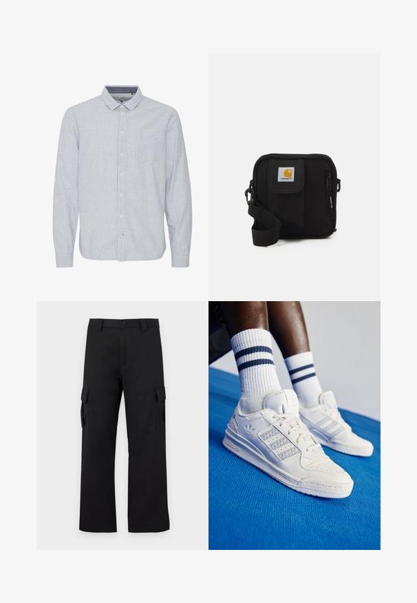 Világoskék, gombos ing, függőleges fehér csíkokkal, galléros nyakkal, egyetlen mellzsebbe, és felhajtható ujjú opcióval. Pamut anyag.; Fekete cargo nadrág egyenes szárú kialakítással. Tartós anyagból készült, két oldalzsebbel, tépőzáras fedéllel és gombos zipzárral.; Fehér bőr sportcipők perforált díszítéssel, három fényes csíkkal és texturált oldalpanellel. Fehér zoknival viselve, ami kék csíkos.; Fekete keresztbody táska cipzáras főrekesszel, elülső zsebbel, állítható pánttal és látható logóval a fedélen.