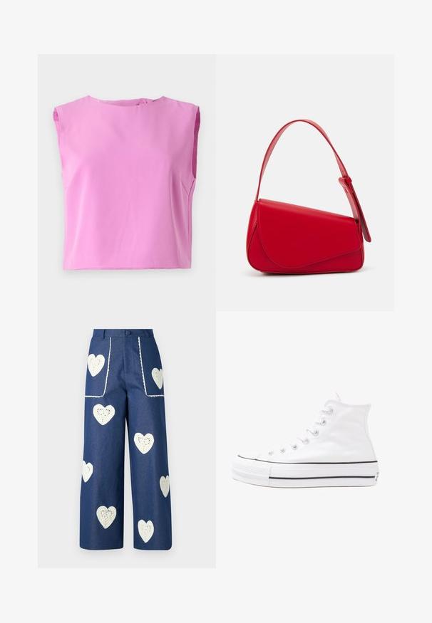 Pink sleeveless top with a round neckline, smooth texture, and a button closure at the back. The design is boxy and relaxed fitting.; Sister Jane HEART TO HEART - Straight leg jeans - blue denim; White high-top canvas sneaker with black rubber sole, front rubber toe cap, and six eyelets for laces, featuring a clean, minimalist design.; Red leather handbag with an angular, geometric design. Features a single adjustable strap and a flap closure with stitched detailing.
